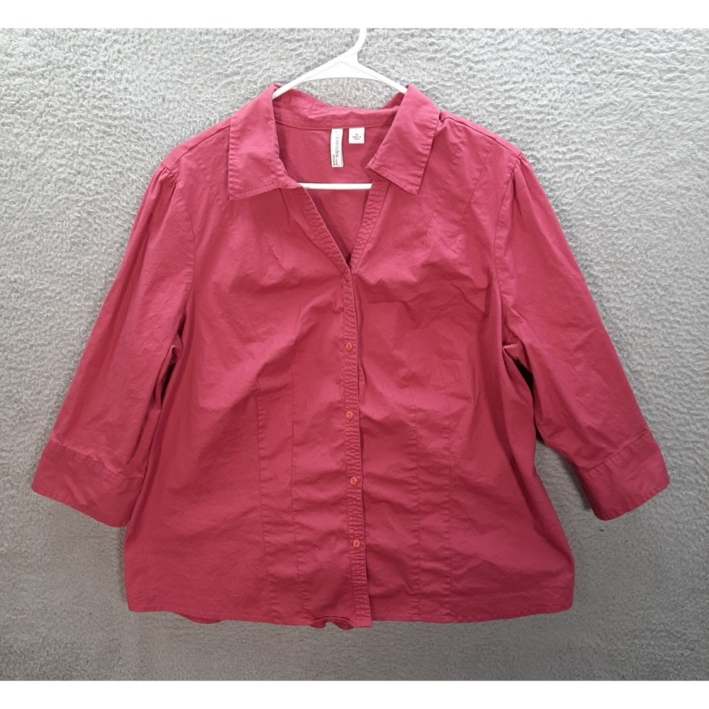 St Johns Bay Shirt Womens 1X Pink V Neck Button Front Preppy Careerwear Casual